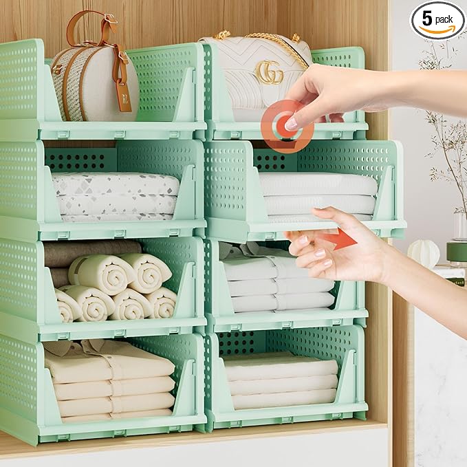 Stackable Plastic Storage Drawers for Closet Organizers and Storage, Open Storage Bins Closet Shelf Clothes Organizer for Closet Wardrobe (5, Green)