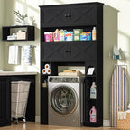 Over The Toilet Storage Cabinet, Farmhouse Storage Over Toilet with 4 Barn Doors & Adjustable Shelf, Space Saving Bathroom Organizer with Toilet Paper Holder Stand for Bathroom, Laundry, Rustic Black