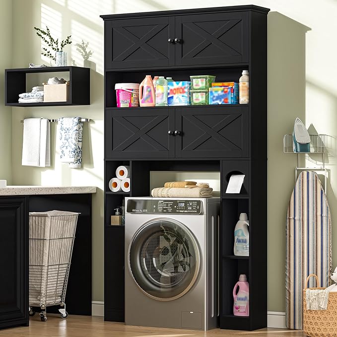 Over The Toilet Storage Cabinet, Farmhouse Storage Over Toilet with 4 Barn Doors & Adjustable Shelf, Space Saving Bathroom Organizer with Toilet Paper Holder Stand for Bathroom, Laundry, Rustic Black
