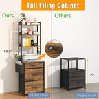 GYIIYUO 3 Drawer Tall 69''H File Cabinet with Charging Station, 4-Tier Filing Cabinet with Adjustable Shelf, Fabric Drawer, Printer Stand for Home Office, Fits A4/Letter/Legal, Rustic Brown