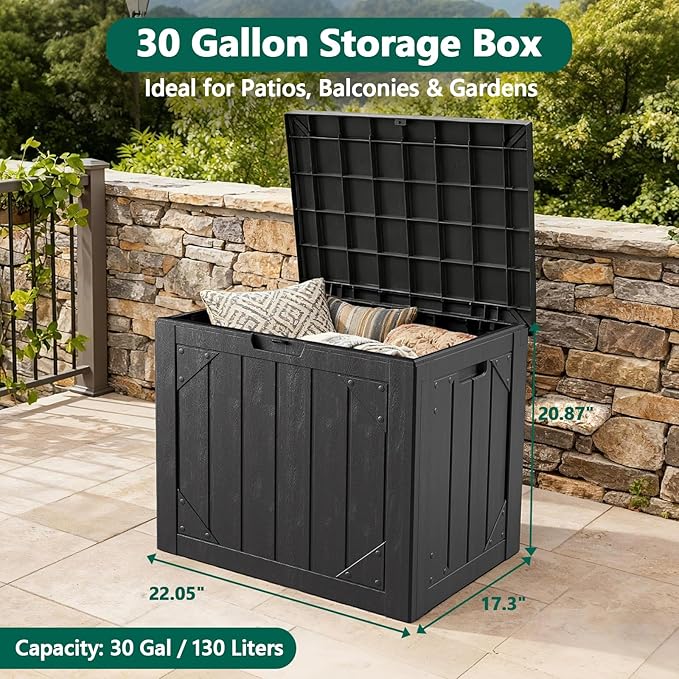 Outdoor Storage Box - 30 Gallon Waterproof Resin Deck Box, Lockable Patio Storage Bench for Package Delivery, Cushions & Garden Tools, UV Resistant (Black)