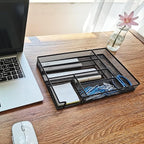2-Pack Metal Mesh Desk Drawer Organizer Tray Set, 6-Compartment Office Drawer Organizer for Pens Supplies, 12.6"x8.27"x1.57" Black