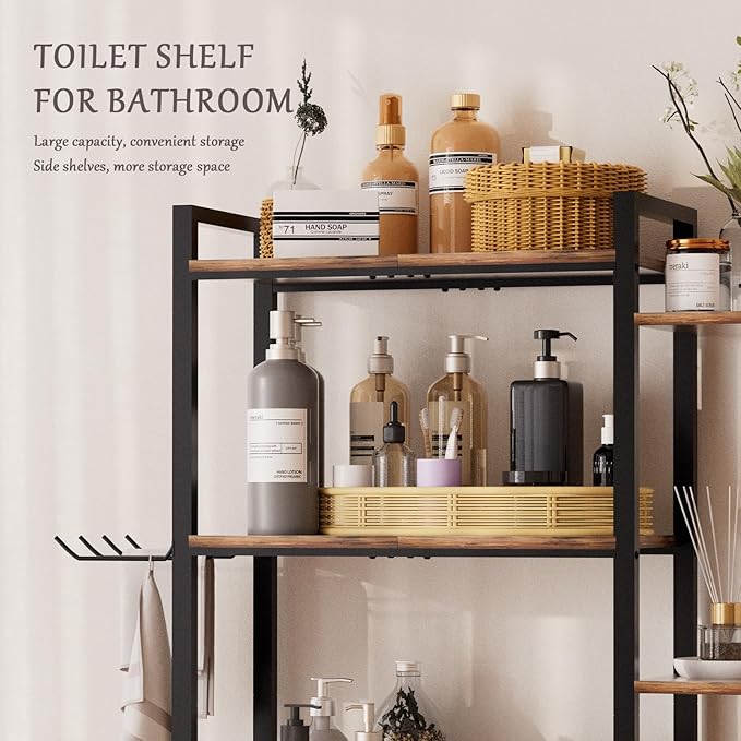 homyfort Over The Toilet Storage Cabinet, 4-Tier Bathroom Shelves Over Toilet, Easy Installation with Drain Basket, X Shape Side Guardrail, Freestanding Toilet Rack for Balcony, Laundry