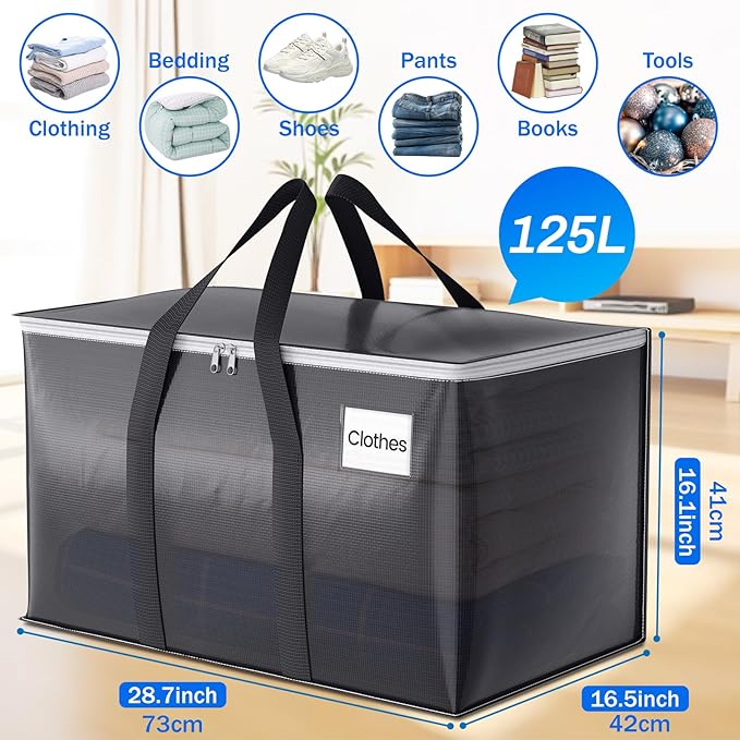 4 Pack Moving Bags Heavy Duty, Moving Boxes, Storage Bags with Zipper & Handles & Tag for College & Dorm Moving Supplies Grey Laundry Hamper Bag, Foldable Space-saving Totes (125L, Grey)