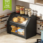 BMOSU Farmhouse Bread Box for Kitchen Countertop Bread box Double Layer Bamboo Wooden Extra Large Capacity Bin Kitchen Food Storage Container(Black)