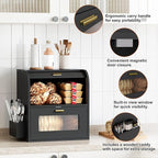 TQVAI Roll Top Bread Box for Kitchen Countertop, Keep Fresh Longer, Easy to Maintenance, Double Layer Vintage Wooden Breadbox with Window for Homemade Bread, Sandwich Loaves, Baked Goods (Black)