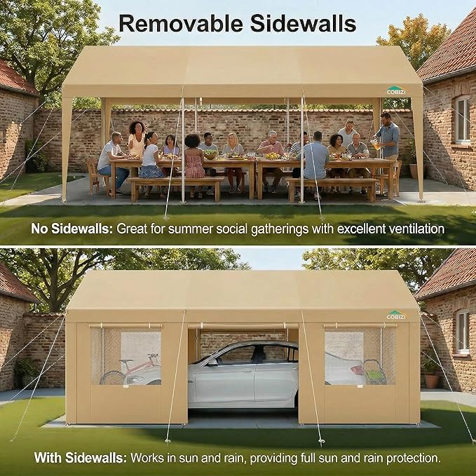COBIZI 12x20 FT Heavy Duty Carport with Galvanized Frame, Carport Canopy with Roll-up Windows, Storage Tent with Removable Sidewalls & Doors, Built-in Sandbags for Car Boat Truck, Khaki