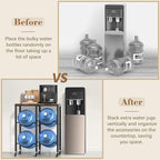 VINAEMO 5 Gallon Water Jug Holder, Rolling Water Jug Stand with Extended Wood Tabletop Shelf, 4 Slots 5 Gal Water Bottle Holder Storage Rack with Water Dispenser Stand for Home,Office,Garage Organizer
