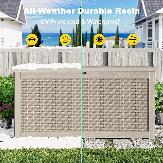 320 Gallon Waterproof Outdoor Storage Box, UV Resistant Resin Deck Box with Hydraulic Rod for Reinforced Stability, Perfect for Patio, Garden, and Pool（Grey，320 Gallon）