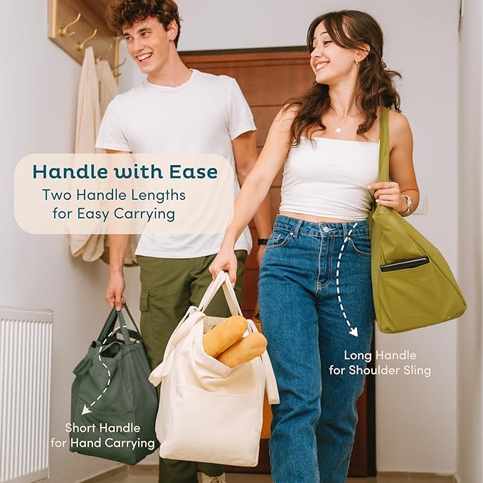 Nook Theory 3-Pack Reusable Grocery Bags - Heavy Duty, Large 12 Oz Cotton Canvas Reusable Shopping Bags With Pockets, 100% Cotton Cloth Grocery Totes, Foldable Multi Compartment (Sage)