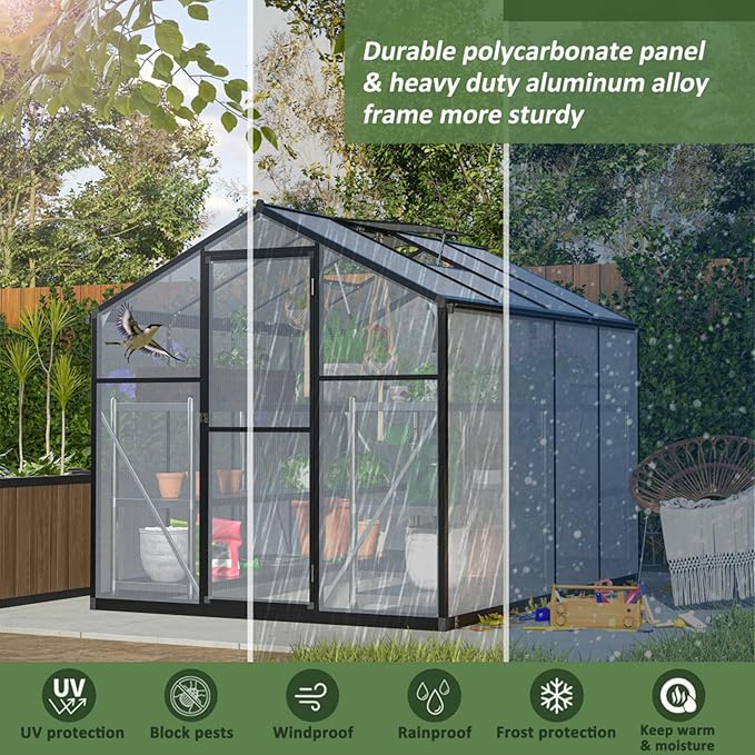 Polycarbonate Greenhouse for Outdoors, Large Walk-in Aluminum Frame Greenhouse with Lockable Door, Adjustable Roof Vent, UV Protection, Weather-Resistant for Garden Backyard (Black,6x8 FT)