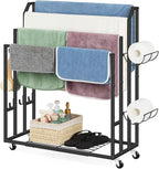 Towel Rack for Bathroom Freestanding Towel Holder Stand Black Blanket Holder for Floor Large Towel Cart with Wheels, Storage Shelves, 6 Metal Hooks for Bathroom, Pool, Living Room