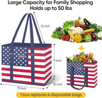 BALEINE 6Pk Reusable Grocery Bags, Foldable Shopping Bags for Groceries with Reinforced Bottom & Handles (Patriot Celebration)