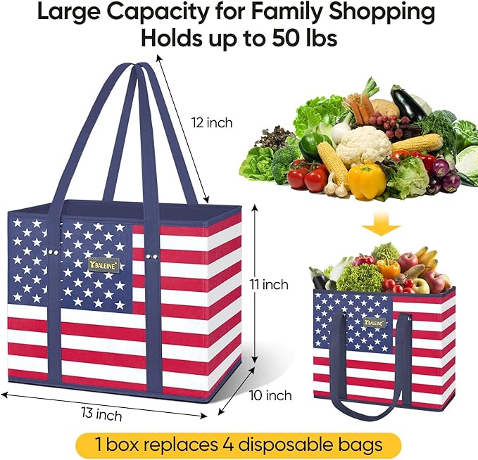 BALEINE 6Pk Reusable Grocery Bags, Foldable Shopping Bags for Groceries with Reinforced Bottom & Handles (Patriot Celebration)