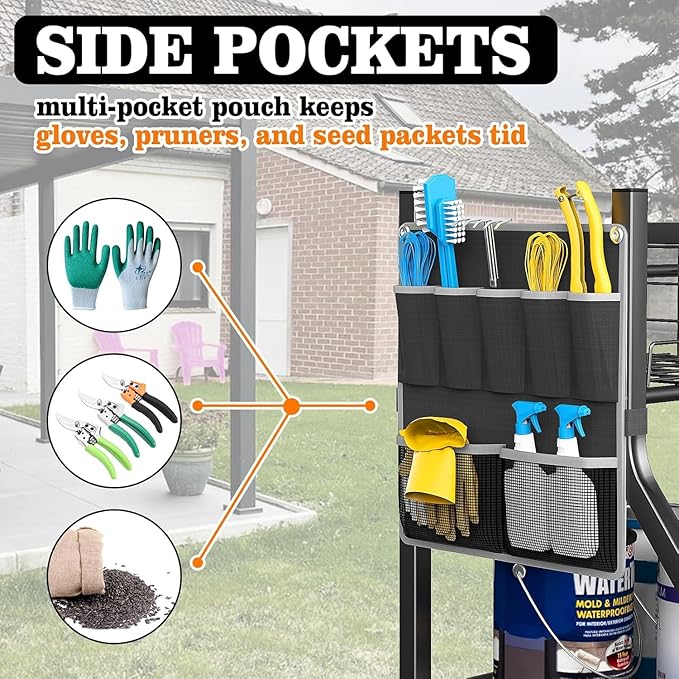 36" Large Garden Tool Organizer with Wheels & Side Tool Bag, 3 Tier Rolling Garage Storage Rack for Long Handled Rakes, Shovels, Brooms, Freestanding Yard Tools Cart for Shed & Outdoors
