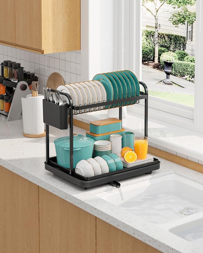 2-Tier Dish Drying Rack - Stainless Steel Dish Rack with Cutlery & Utensil Holders for Kitchen Counter, Sink Organization and Storage for Small Family, 15" W x 11.4" L x 15" H, Black