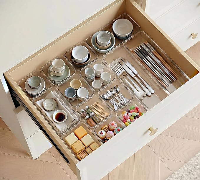 DCA 14 PCS Clear Drawer Organizer, Acrylic Makeup Organizers, Vanity Drawer Organizer Trays, Bathroom Organizers and Storage Bins Ideal Gift for Her