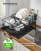 SONGMICS Dish Drying Rack, Kitchen Dish Rack with Drainboard, 360° Rotatable and Extendable Spout, with Cutlery Holder, (12.2-22) x 16.5 x 7.9 Inches, Ink Black UKCS552B01