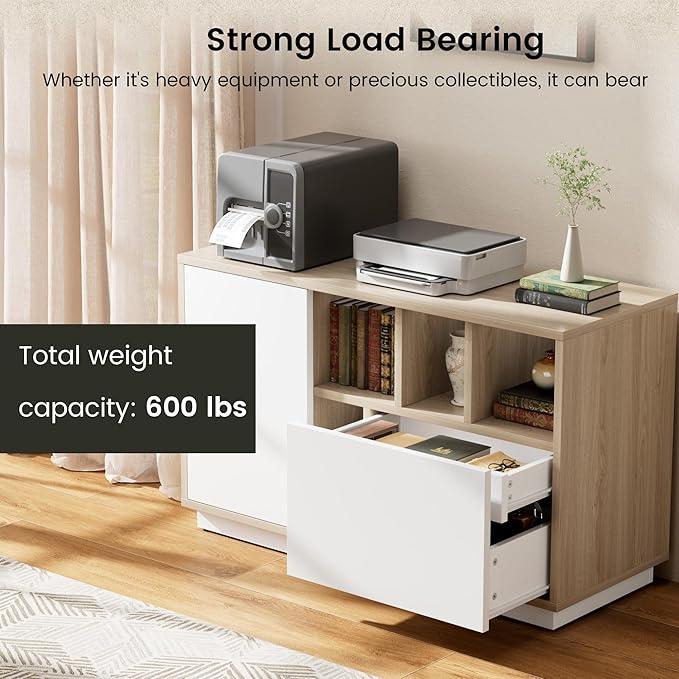 39" Office Storage Cabinet with 2 Drawers, Sideboard Buffet with Doors and Shelves, Open Adjustable Wood Printer Stand with Storage for Letter/A4, Living Room, Entryway, Light Walnut