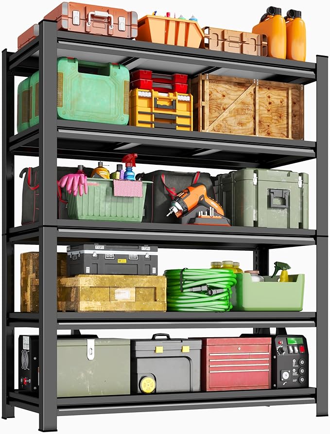 Garage Shelving, 72" H x 45" W Heavy Duty Metal Shelves, 5-Tier Shelving Units and Storage, Easy to Assemble, Adjustable, Black, for Garage, Basement, Pantry & Warehouse, 16" D