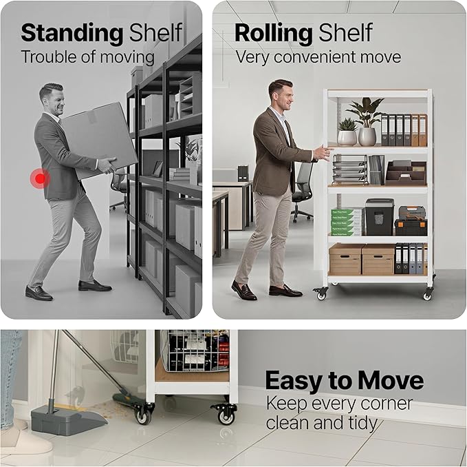 HOMEDANT House 5 Tier Heavy Duty Garage Shelving Adjustable Metal Rack Storage Shelves Standing Shelf Unit Organizers Pantry Closet Office (1, White, (Wheels) 36.2" W x 16.2" D)