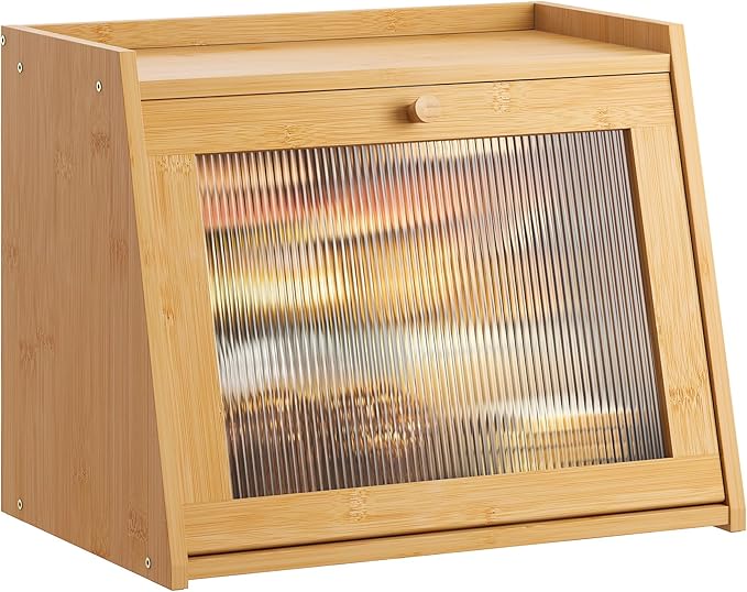 GHWIE Large Bread Box, Easy Access & Cleaning - Bamboo Bread Box for Kitchen Countertop with Acrylic Door (Natural, Large)