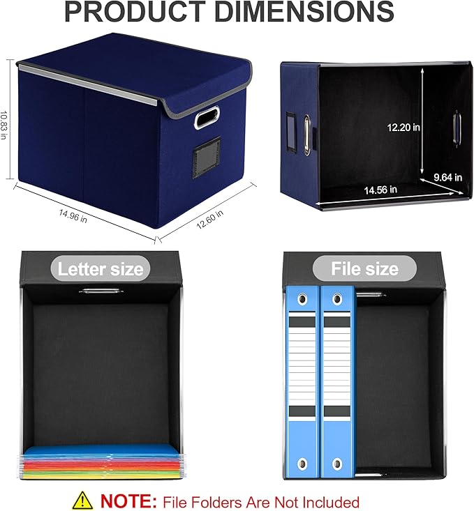 Collapsible File Box with Lid & Plastic Slide - Hanging Document Organizer for Office/Home, 14.96x12.6x10.83 Inch,Dark Blue, 2 Pack (No Folders Included)