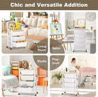 Rolling Cart with Drawers, Rolling Storage Cart with 5 Large Plastic Drawers & Wooden Tabletop, Utility Cart with Pegboards & Basket, Storage Drawers Cart for Living Room, Classroom, Bedroom, Office