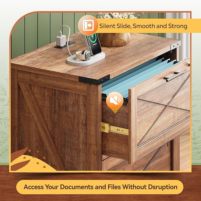 DEVAISE Lateral File Cabinet with Lock, 2 Drawers & Charging Station, Farmhouse Wood Printer Stand with Large Storage, Fits A4/Letter/Legal Hanging Files, Oak