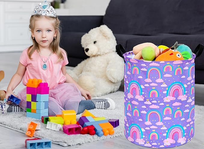 Purple Rainbow 19.7 Inch Round Laundry Clothes Hamper Laundry Basket with Handles,Storage Organizer Bins Laundry Gift Basket for Room, Bedroom Decor