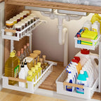 2 Pack Under Sink Organizer, 2 Tier Pull Out Cabinet Organizer with 5-Level Adjustable Height, Sliding Metal Storage Rack for Kitchen Bathroom Pantry, White