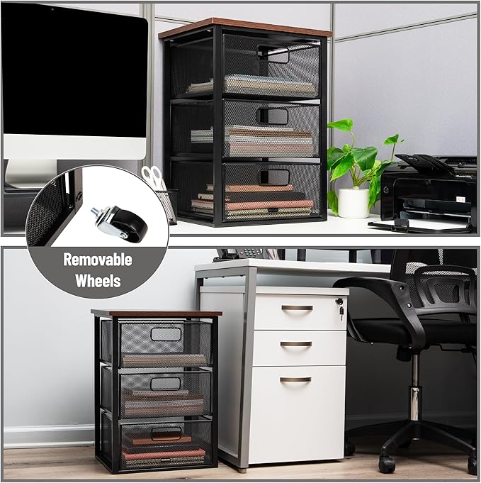 Mind Reader 3-Drawer Storage Organizer, Office Organizer with Wood Top, Multipurpose Portable Cabinet with Removable Wheels, Metal Mesh, Black