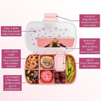 Paris Hilton 2-Pack Bento Style Snack Boxes, 7-Compartment Lunch Containers with Built-In Phone Stand, Removable Dividers and Dip Containers, Pink Bow Print