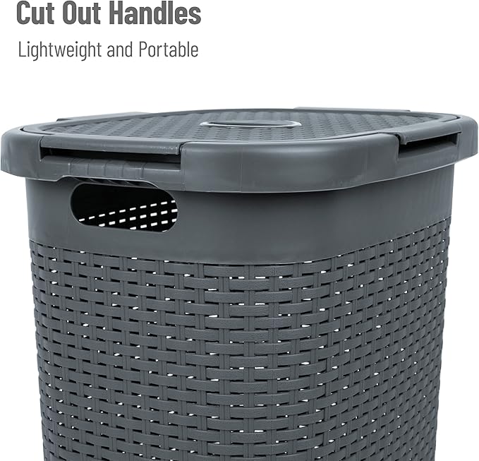 Mind Reader 60L Slim Laundry Hamper, Clothes Basket, Lid, Wicker Style, Plastic, 17.65"L x 13.75"W x 24.15"H, Set of 2, Gray