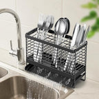 Utensil Holder, Upgrade Stainless Steel Utensil Drying Rack with Automatic Drain Tray for Kitchen Counter, Silverware Cutlery Organizer for Spoons, Forks, Knifes, Chopsticks (Black)