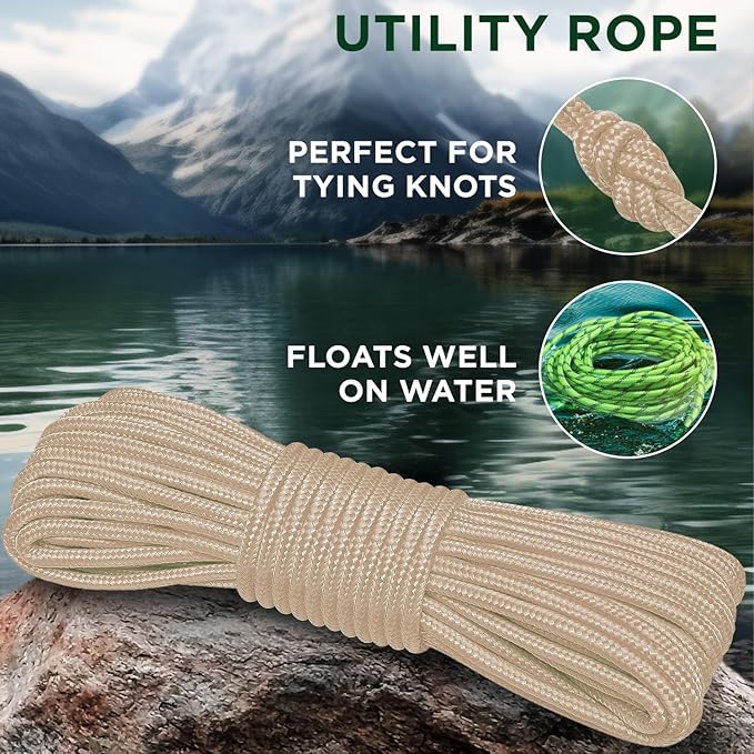 TECEUM Rope – 150 Feet x 1/4 Inch (7mm) – Beige – Strong All-Purpose Utility Rope – Camping, Crafting, Flag Pole, Indoor & Outdoor – Polypropylene Nylon Poly Lightweight Diamond Braided Cord