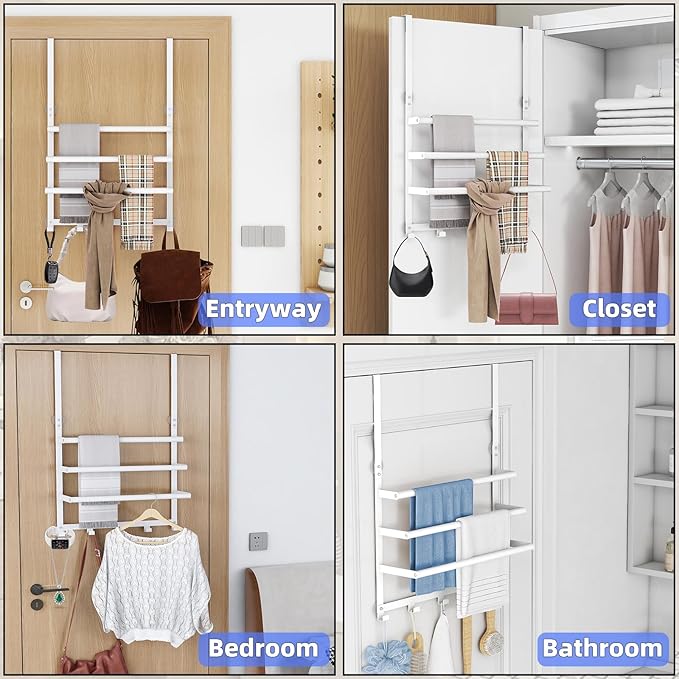 Over The Door Towel Rack, Over Door Towel Racks for Bathroom Door with 5 Hooks, 3 Tier Towel Storage Hanger Holder for Bathroom Accessories, 16 Inch Towel Bar for Hanging Towels, White