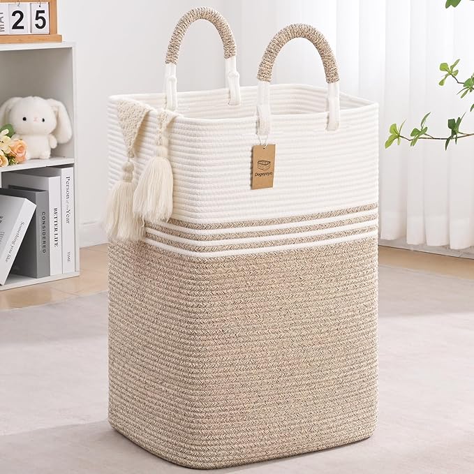 Laundry Basket Hamper,Blanket Storage,Dirty Clothes Hamper with Swivel Handles,Woven Cotton Rope Toy Baskets,Blanket Basket Living Room,Decorative Hampers for Nursery,Bedroom,White & Linen,80L