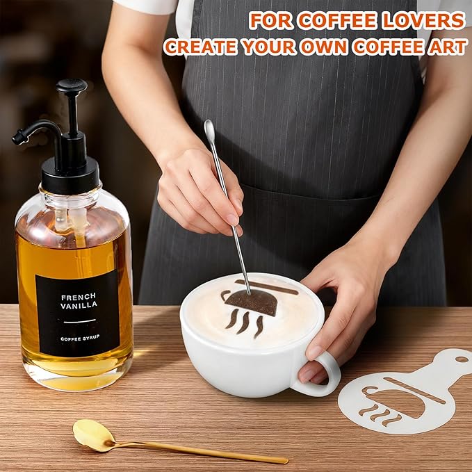Coffee Syrup Dispenser for Bar, Glass Syrup Bottle with Pump, Coffee Pump Dispenser Bottle with Tray, Spoon for Station,16.9 oz, 500 ml