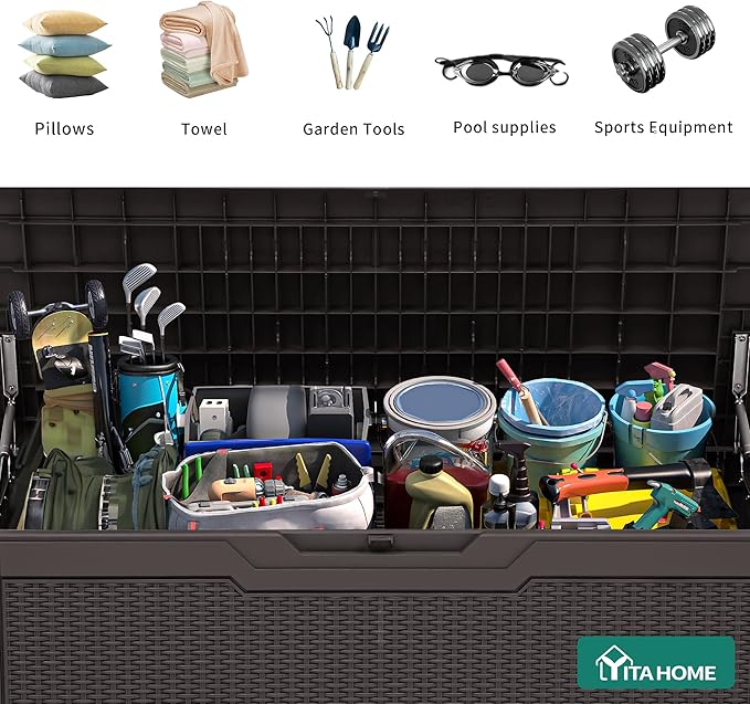 YITAHOME 80 Gallon Outdoor Storage Box, Large Water Resistant Resin Deck Box, Indoor Outdoor Lockable Rattan Storage Container for Patio, Garden, Cushions, Tools, Equipment (Dark Brown)