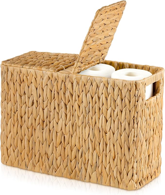 Toilet Paper Storage Basket with Lid, Water Hyacinth Toilet Paper Holder, Wicker Organizer Basket for 6 Mega Rolls, Decor Storage for Home, Bathroom, Living Room