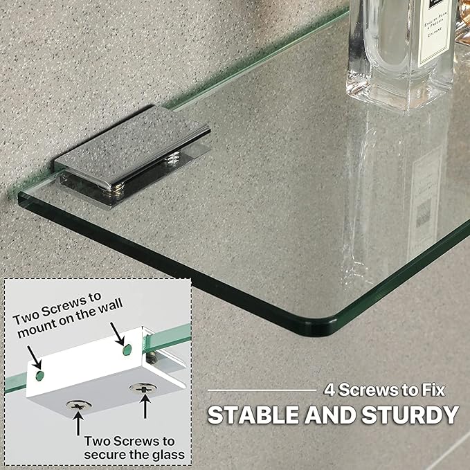 SAYAYO Floating Glass Shelves for Bathroom, 2/7 Inch Thicken Tempered Glass Shelf for Wall, 15 x 5 Inch 2 Pcs, Clear