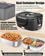 Buddew Electric Lunch Box for Adults, 80W Heated Lunch Box with Dual 1.5L Stainless Steel Portable Food Warmer,12/24/110V Lonchera Electrica Portatil for Travel&Work, Loncheras para Hombres de Trabajo