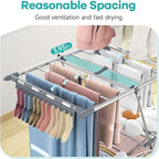 APEXCHASER Clothes Drying Rack with High Hanger, Foldable 3-Level Drying Racks with Shoe Rack, Crossbar and Vertical Rod Laundry Stand with Adjustable Wings Grey