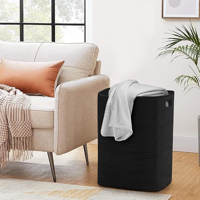 Large Laundry Hamper 16"x13"x22" - Tall Woven Laundry Basket, Cotton Rope Dirty Clothes Hamper, Baby Kids Nursery Wicker Laundry Basket, Bedroom Aesthetic, Soft Laundry Bin, Black Hamper, 75L