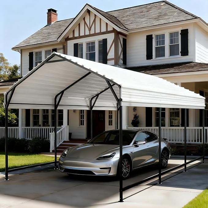 Metal Carport 10x15 ft Heavy Duty Car Port Outdoor Canopy Steel Roof All-Weather Multi-Use Garage Shelter for Car, Boat, Tractor and Truck