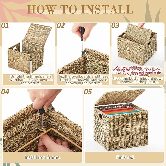 Marspark Seagrass File Box Organizers Decorative File Baskets for Hanging Folders Filing Cabinet with Lid Collapsible Letter Size Document Storage Box for Home Office Decor, Natural