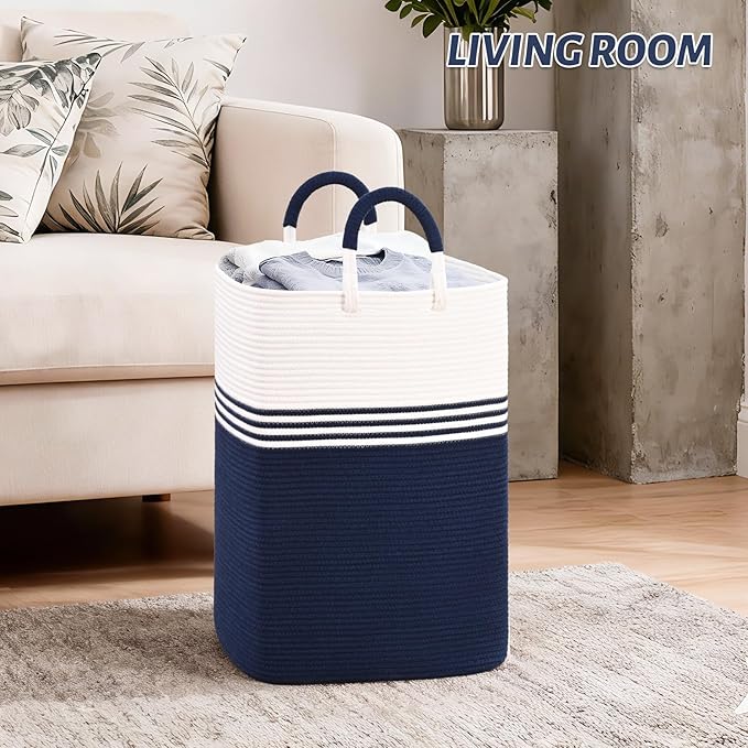 Laundry Basket Hamper,Blanket Storage,Dirty Clothes Hamper with Swivel Handles,Woven Cotton Rope Toy Baskets,Blanket Basket Living Room,Decorative Hampers for Nursery,Bedroom,White & Blue,80L
