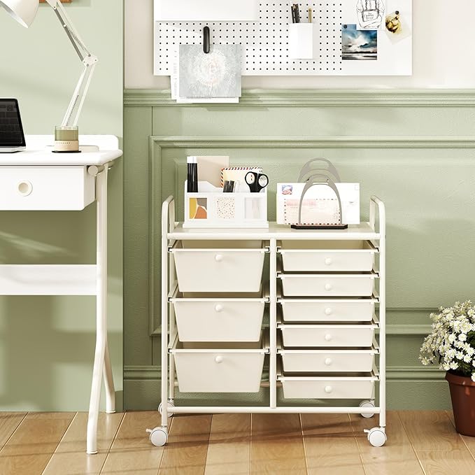 GOFLAME 9-Drawer Rolling Storage Cart, Mobile Utility Cart with Removable Drawers & Metal Frame, Art Craft Organizer Cart with Lockable Wheels, Storage Drawer Cart for Home Office School, White