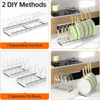 MUDEELA Pots and Pans Organizer Rack for under Cabinet, Expandable Pot Lid Kitchen Cabinet Organizer Holder with 10 Adjustable Compartment Cutting Board Organizer for Pan Lid Cookie Sheet Rack, Silver